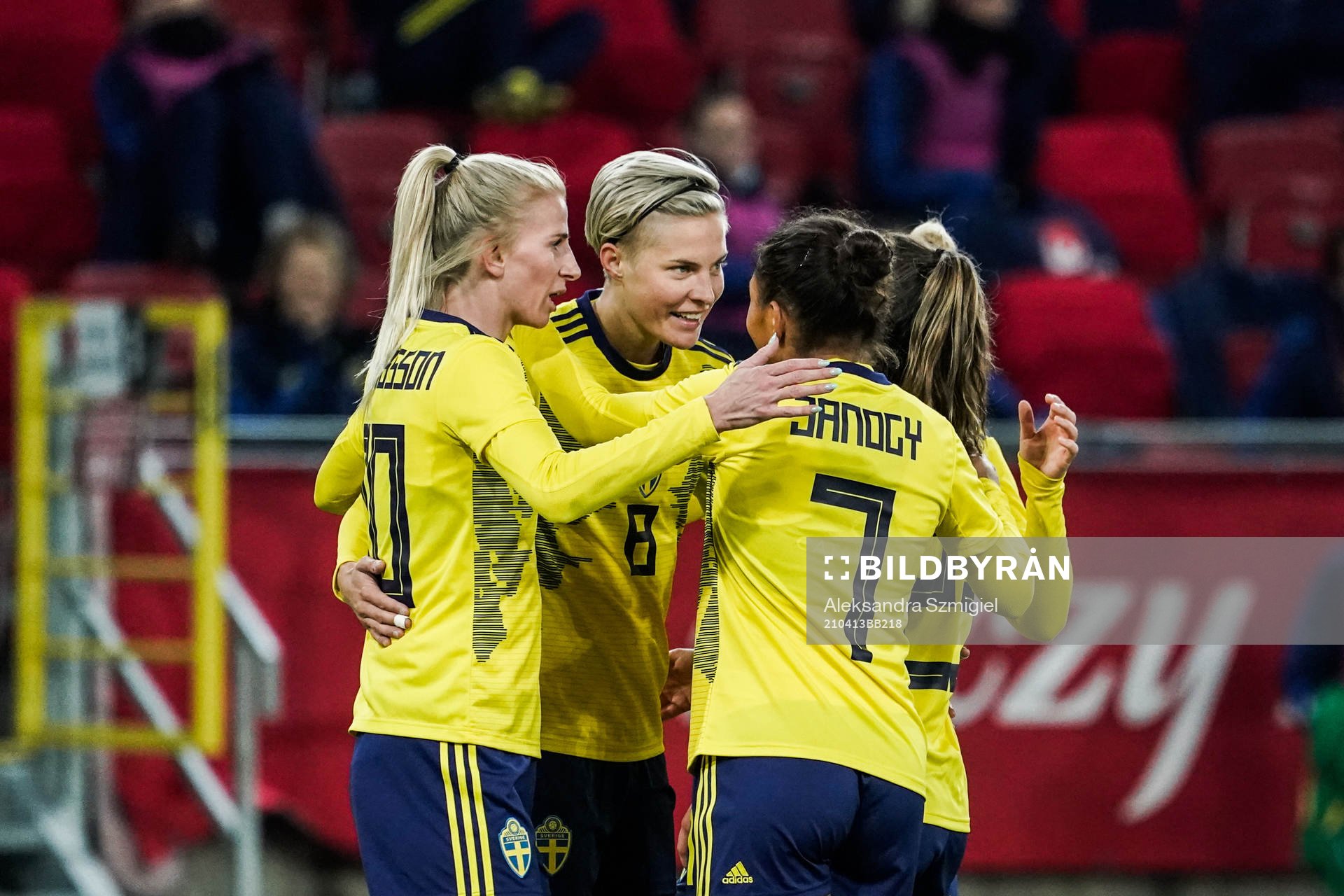 Lina Hurtig of Sweden celebrates with teammates after scoring 2-4 during the women's international friendly football match between Poland and Sweden on April 13, 2021 in Lodz.