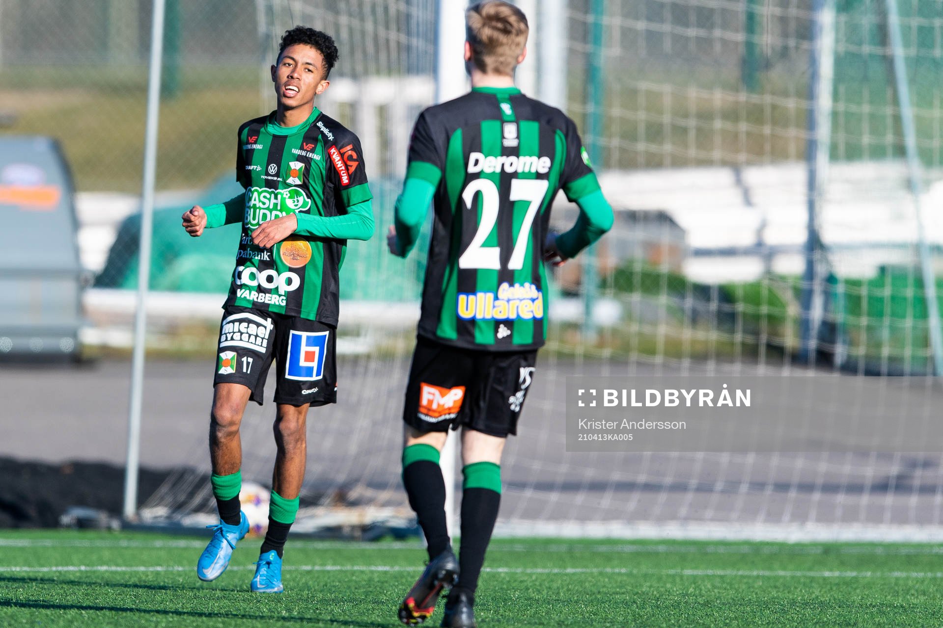 Varbergs Tashreeq Matthews jublar under fotbollsmatchen i U21 Allsvenskan Mellersta mellan Varberg och Elfsborg den 13 april 2021 i Varberg.