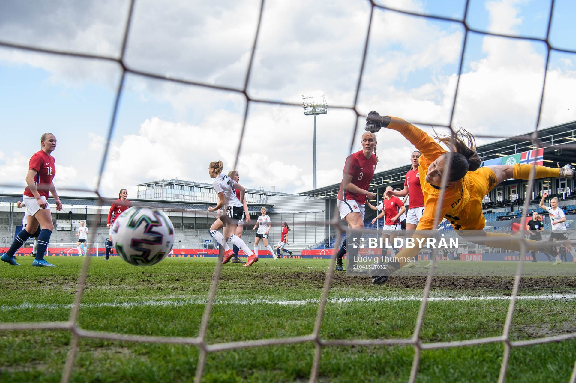 goalkeeper Cecilie Fiskerstrand of Norway as Germany scores