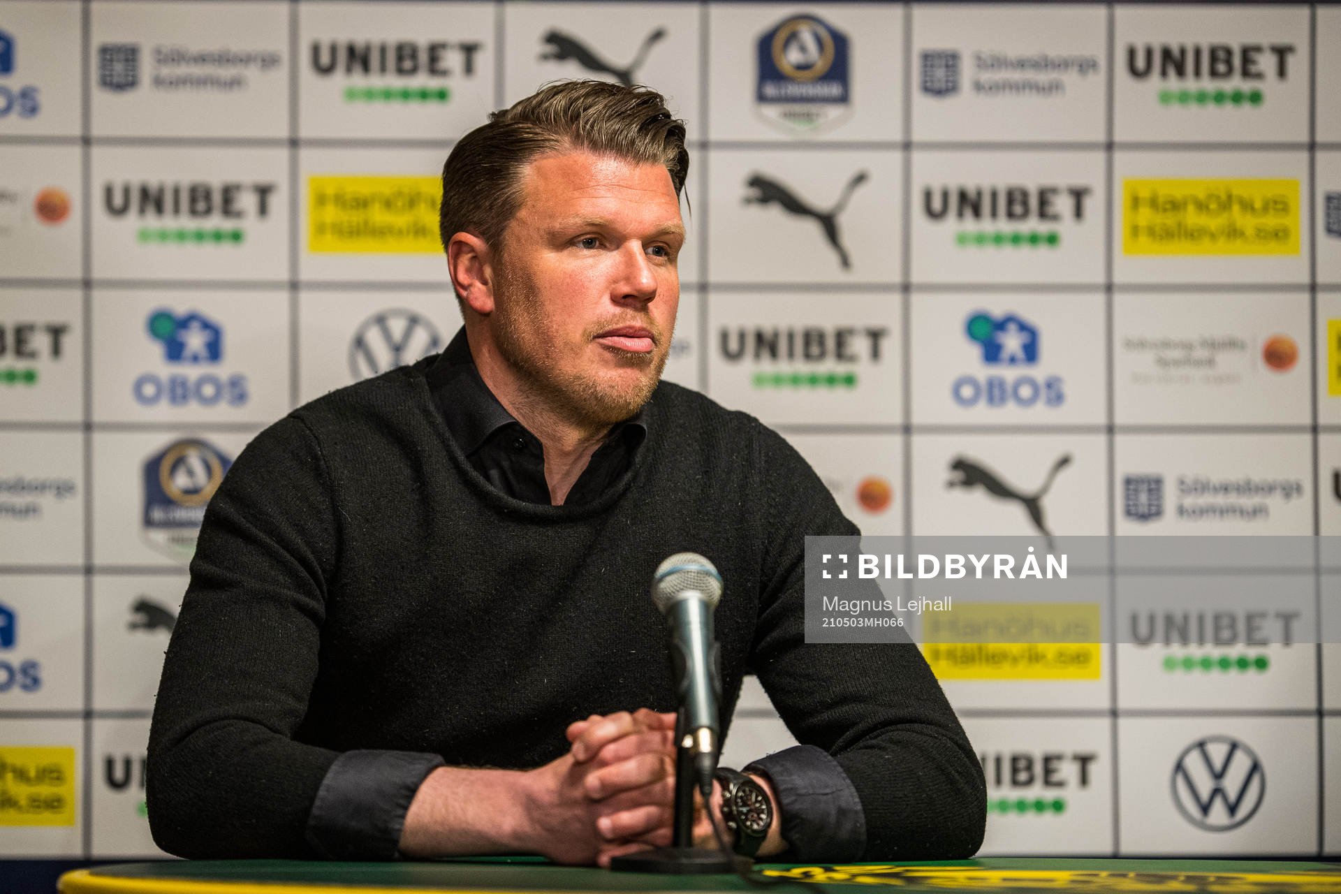 Mjällbys tränare Christian Järdler efter  fotbollsmatchen i Allsvenskan mellan Mjällby och Degerfors den 3 maj 2021 i Hällevik. 