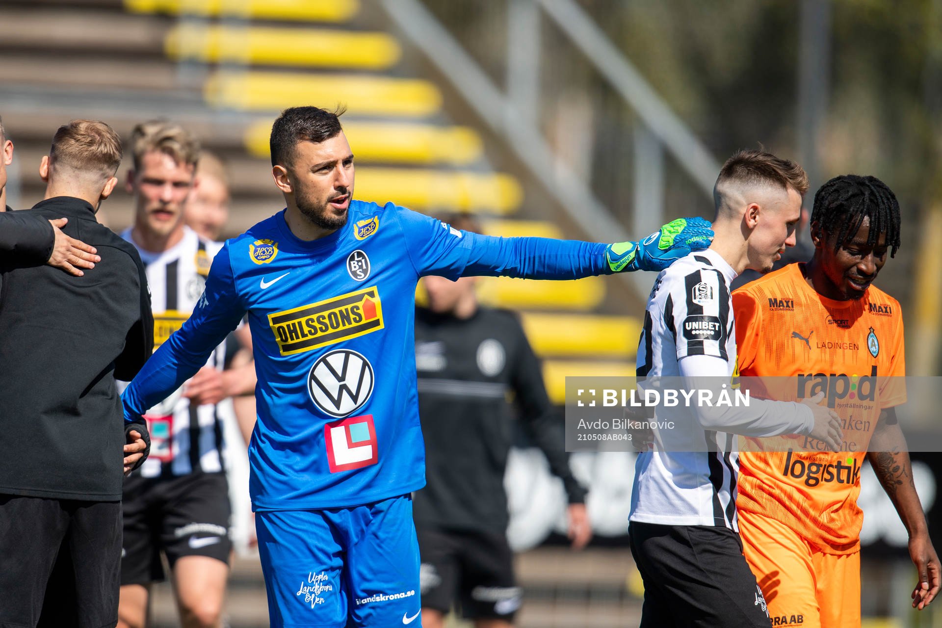 Landskronas målvakt Amr Kaddoura jublar efter slutsignalen under fotbollsmatchen i Superettan mellan Landskrona och AFC Eskilstuna den 8 maj 2021 i Landskrona.