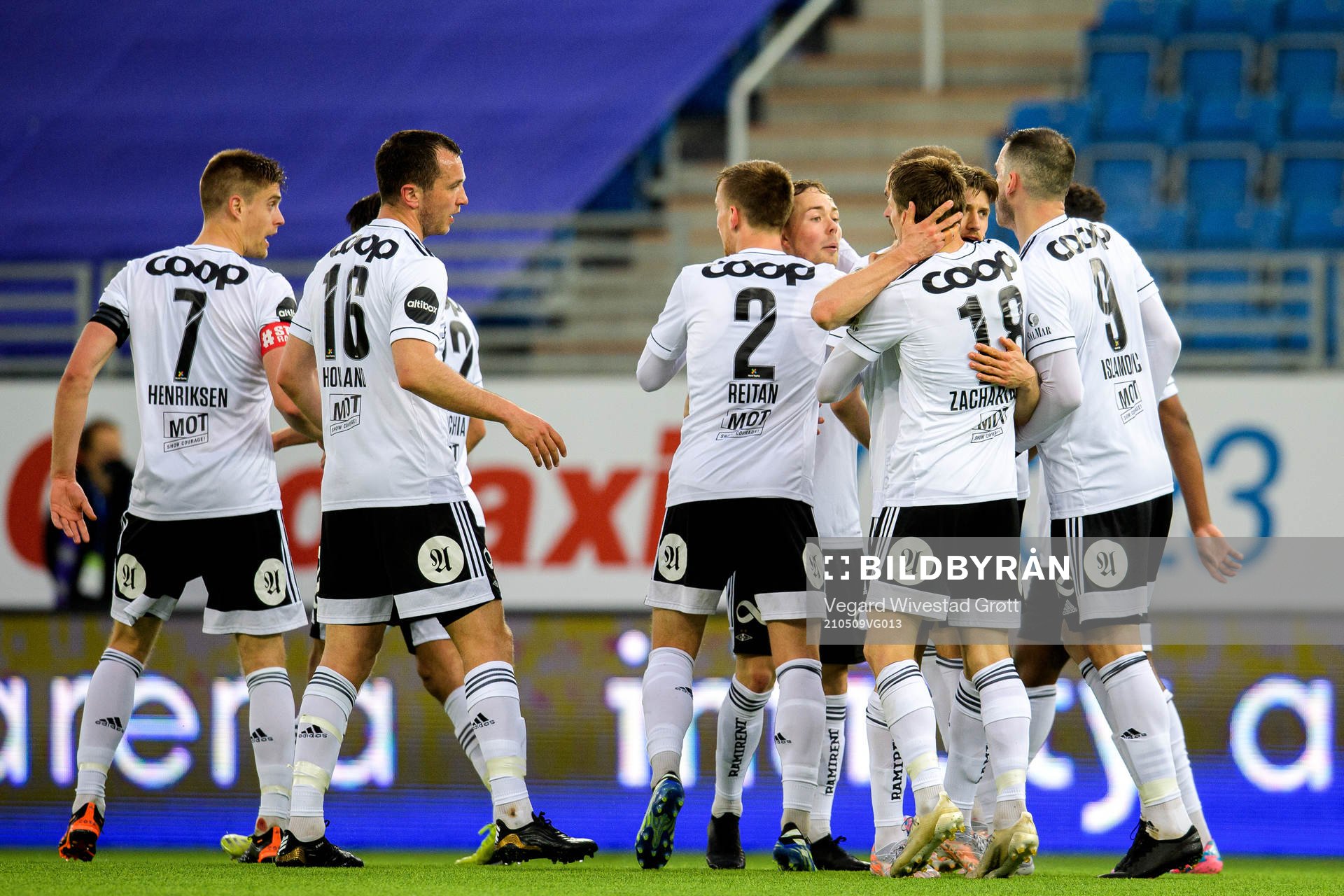 Kristoffer Zachariassen and Vebjørn Hoff of Rosenborg celebrate the 1-1 goal during the Eliteserien football match between Vålerenga and Rosenborg on May 9, 2021 in Oslo.