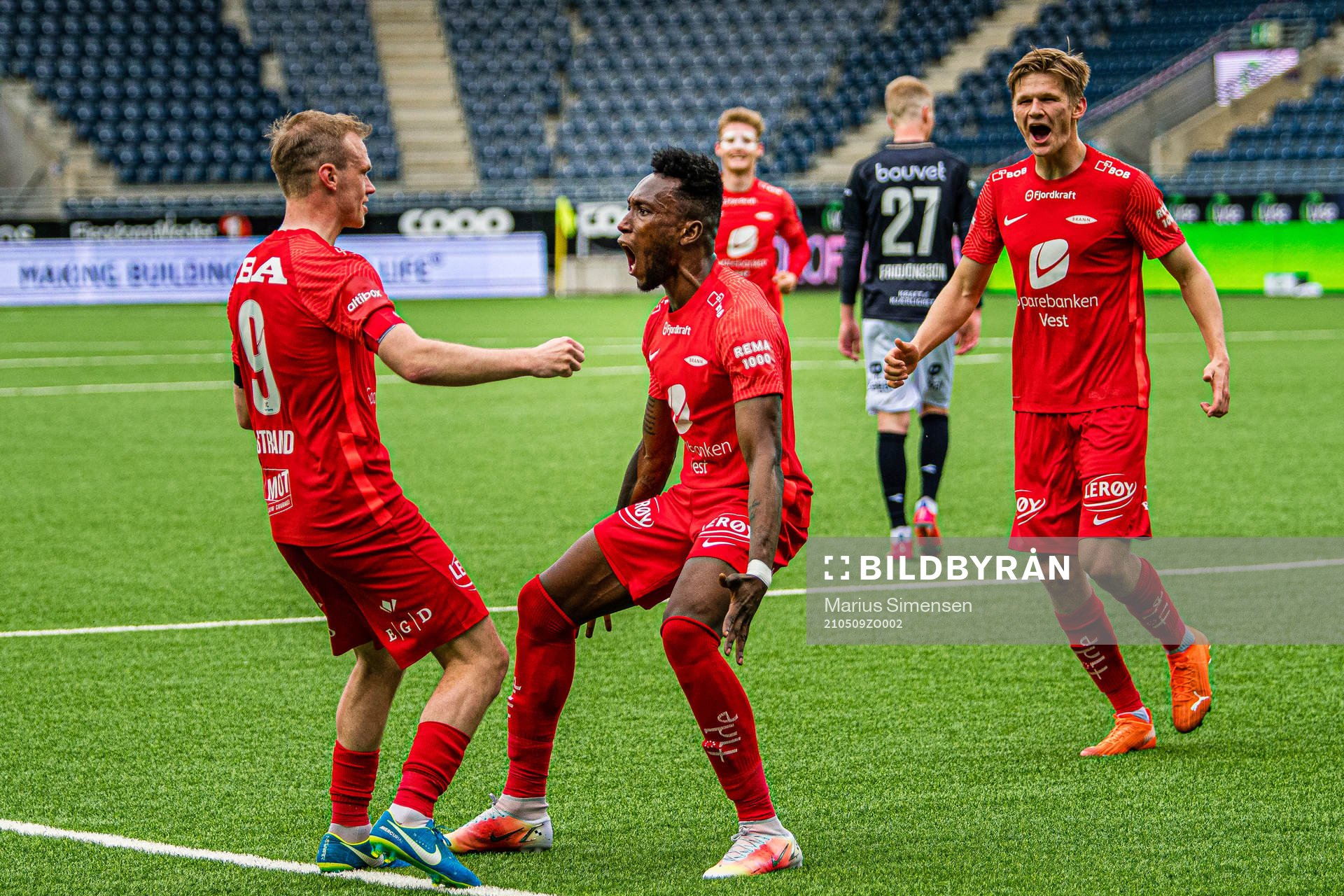 Karamoko Daouda Bamba of Brann celebrates after scoring the 1-1 goal during the Eliteserien match between Viking and Brann on May 9, 2021 in Stavanger.