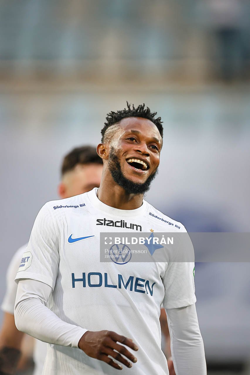 IFK Norrköpings Samuel Adegbenro jublar under fotbollsmatchen i Allsvenskan mellan IFK Norrköping och AIK den 10 maj 2021 i Norrköping.