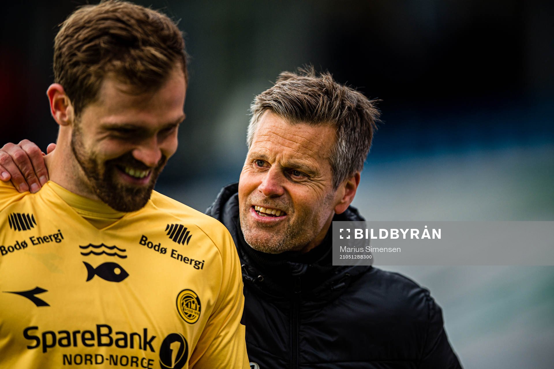 Brede Mathias Moe of Bodø/Glimt and Kjetil Knutsen, head coach of Bodø/Glimt, after the Eliteserien match between Kristiansund and Bodø/Glimt on May 12, 2021 in Kristiansund.