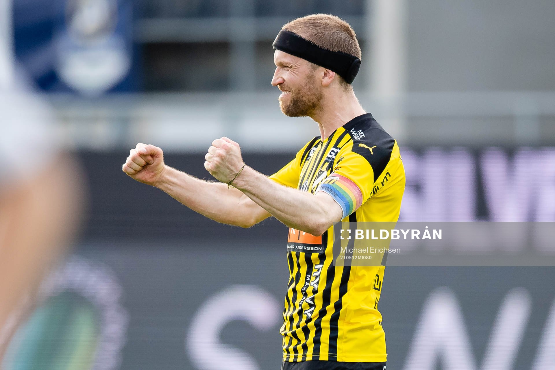 Häckens Rasmus Lindgren jublar efter 2-0 på frispark under fotbollsmatchen i Allsvenskan mellan Häcken och Örebro den 12 maj 2021 i Göteborg.