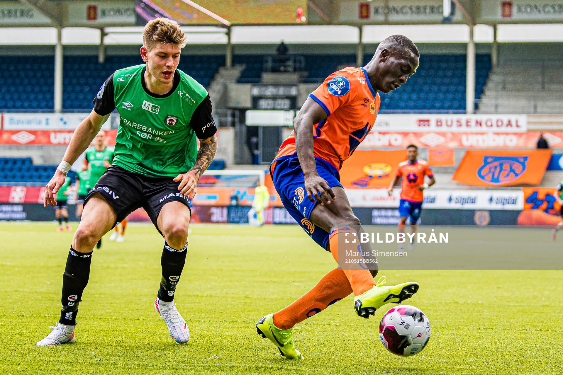 Kristoffer Hay of Bryne and Mamadou Diaw of Aalesund during the OBOS-ligaen match between Aalesund and Bryne on May 15, 2021 in Ålesund.