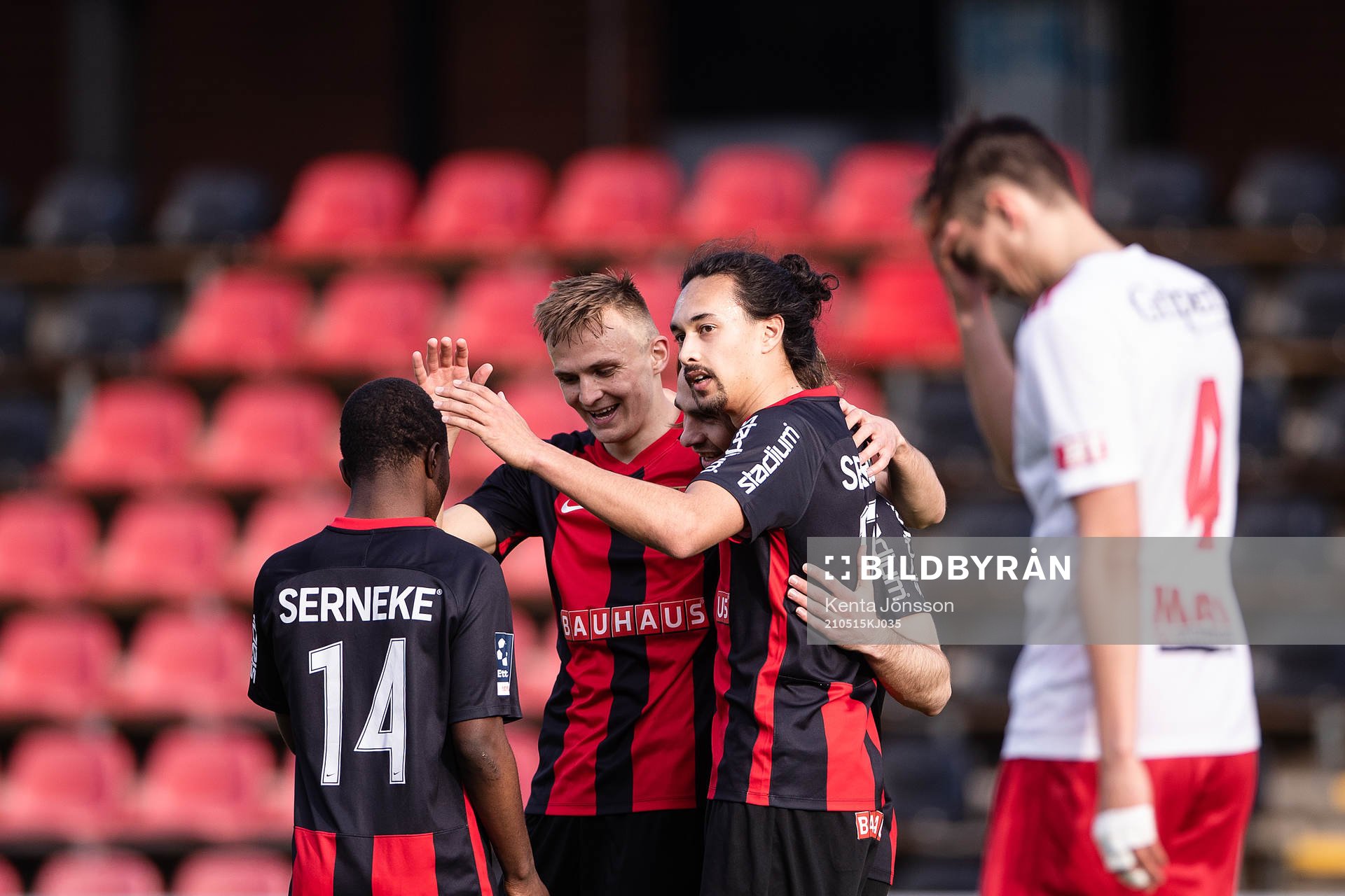 Brommapojkarnas Simon Helg (skymd i mitten) jublar med Jardell Kanga, Oscar Krusnell och Monir Jelassi efter 4-0 av  (ej i bild) under fotbollsmatchen i Division 1 Norra mellan Brommapojkarna och Hudiksvall den 15 maj 2021 i Stockholm. 
