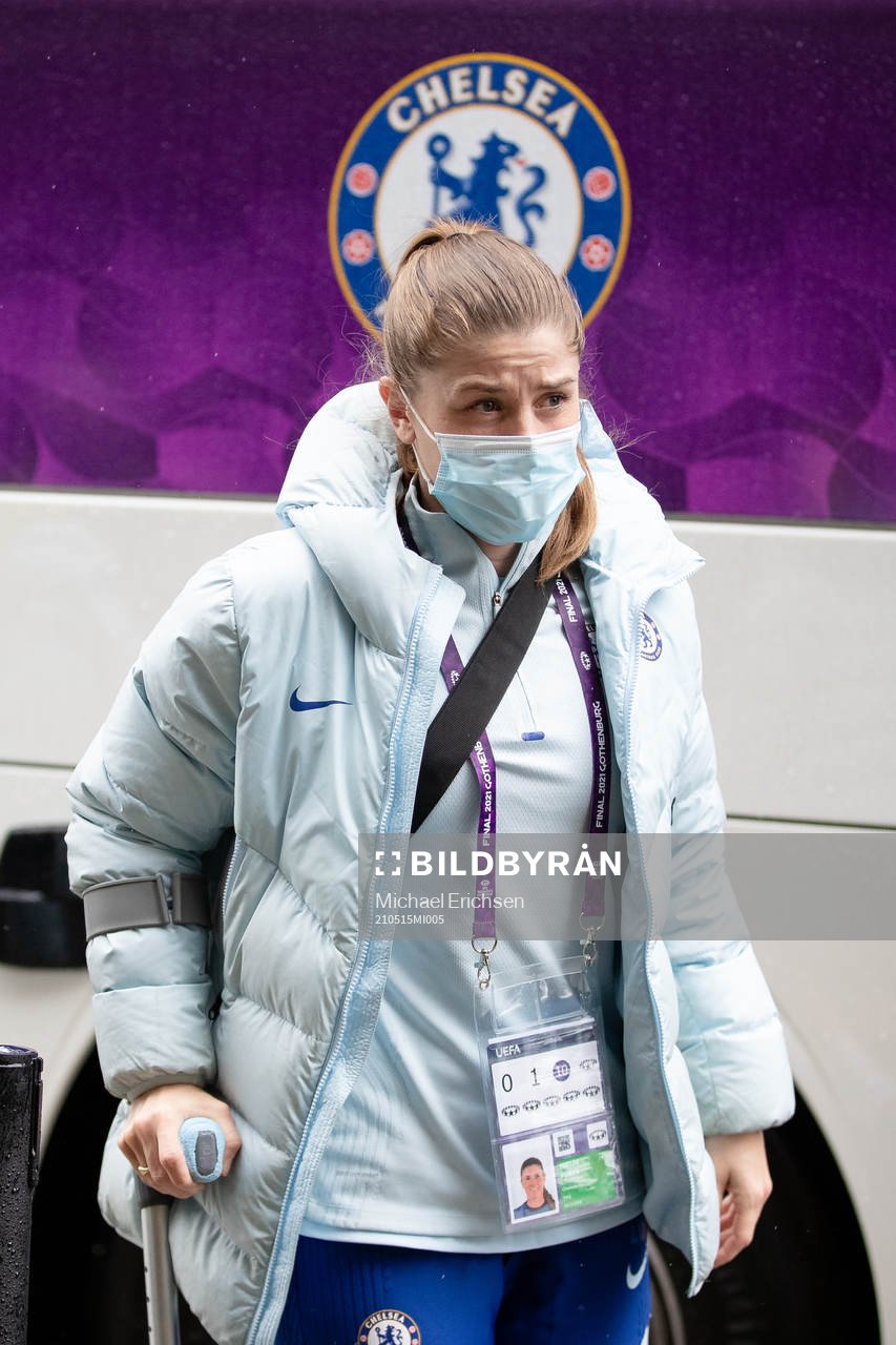 Maren Mjelde of Chelsea arrives at the arena Gamla Ullevi