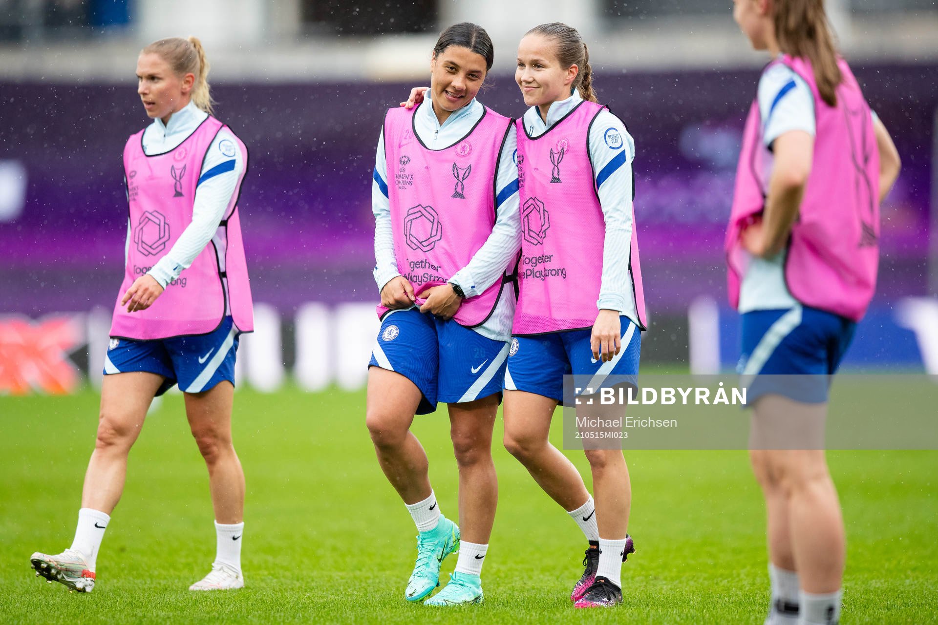 Samantha Kerr and Guro Reiten of Chelsea during a training session with Chelsea on May 15, 2021 in Gothenburg. 