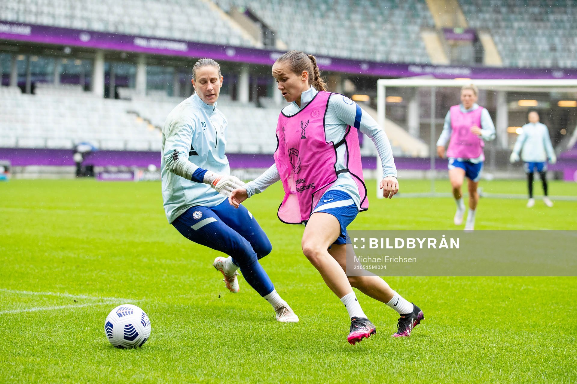 Goalkeeper Ann-Katrin Berger and Guro Reiten of Chelsea