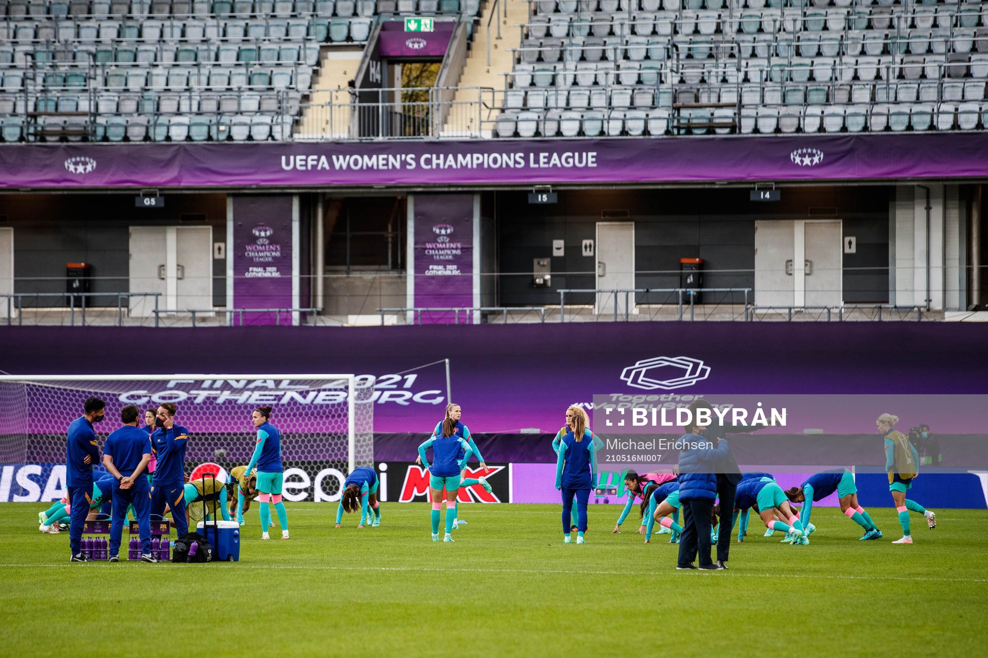 Players of Barcelona are warming up prior to the UEFA