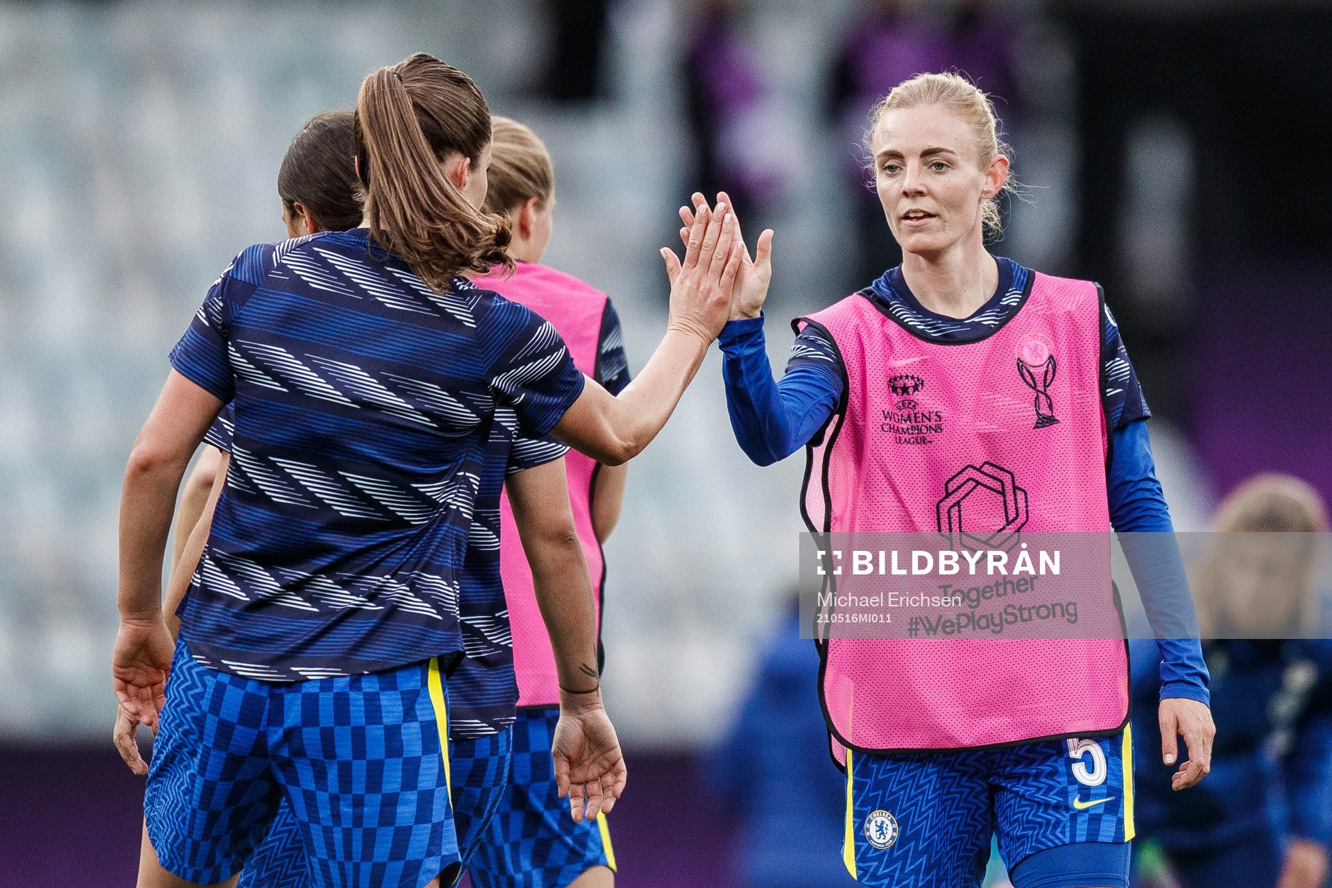 Sophie Ingle of Chelsea during the warm up session prior to the UEFA Women's Champions League football match between Chelsea and Barcelona on May 16, 2021 in Gothenburg.