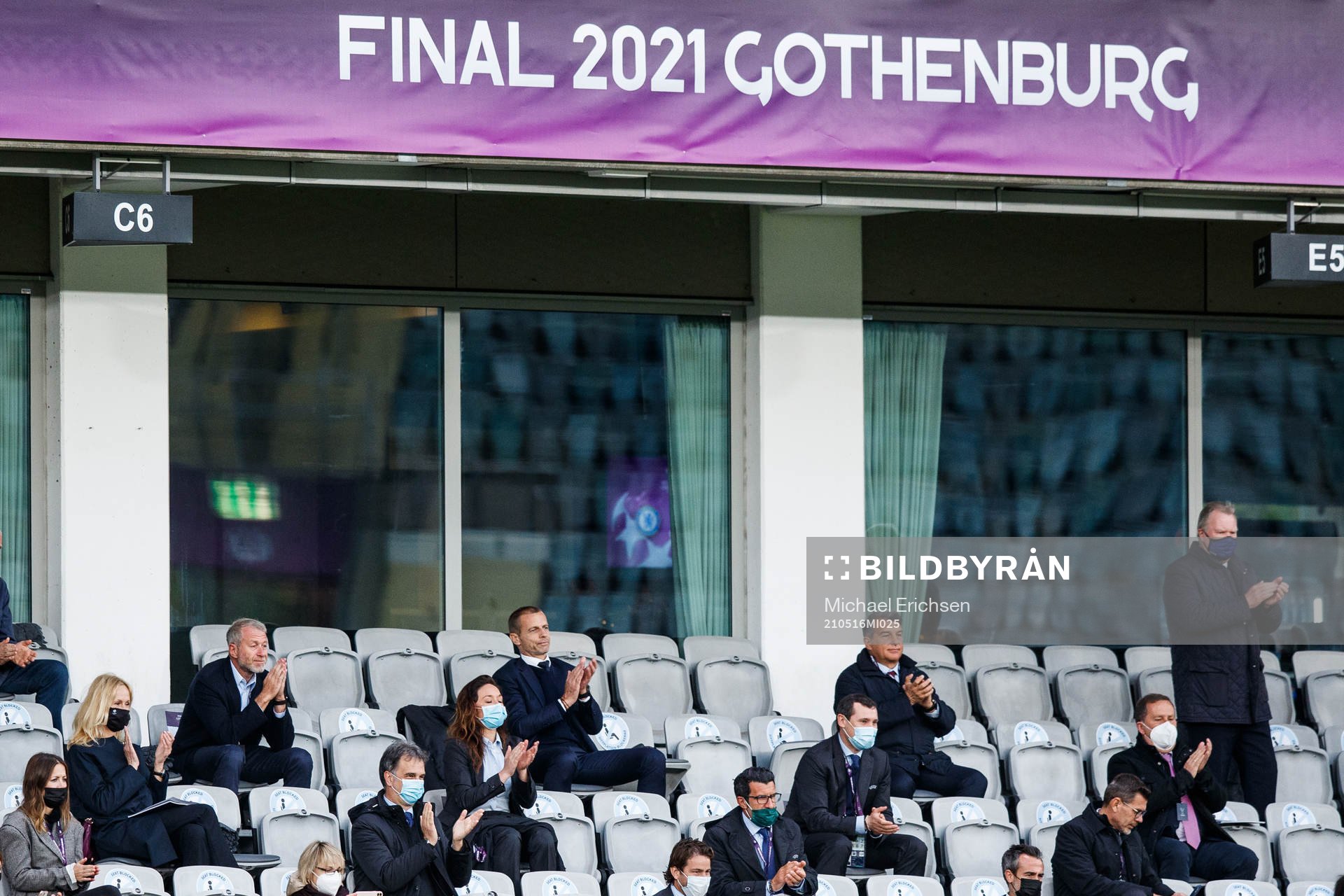 Chelseas owner, Roman Abramovich on the stand next to UEFA’s president Aleksander Ceferin prior to the UEFA Women's Champions League football match between Chelsea and Barcelona on May 16, 2021 in Gothenburg.