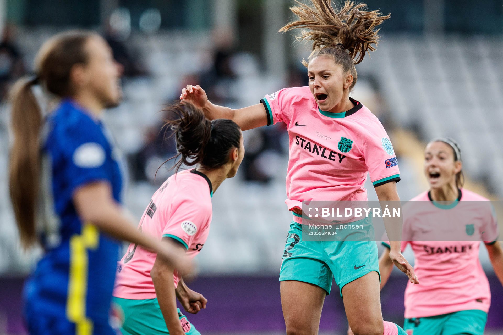Lieke Martens and Leila Ouahabi of Barcelona celebrate after 0-1 during the UEFA Women's Champions League football match between Chelsea and Barcelona on May 16, 2021 in Gothenburg.