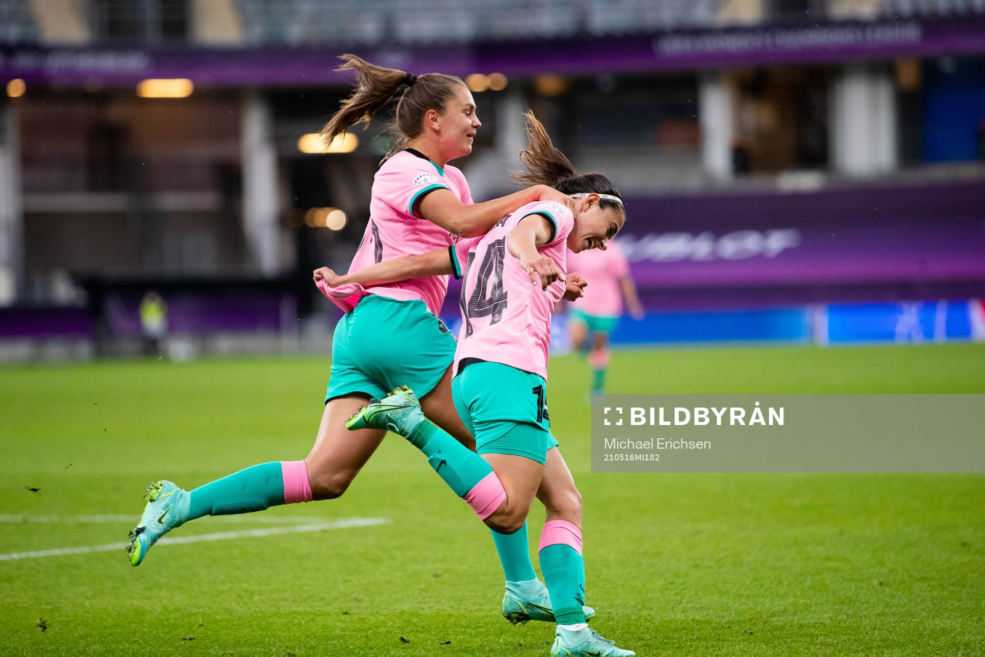 Aitana Bonmati of Barcelona celebrates with Lieke Martens after scoring 0-3 during the UEFA Women's Champions League football match between Chelsea and Barcelona on May 16, 2021 in Gothenburg.