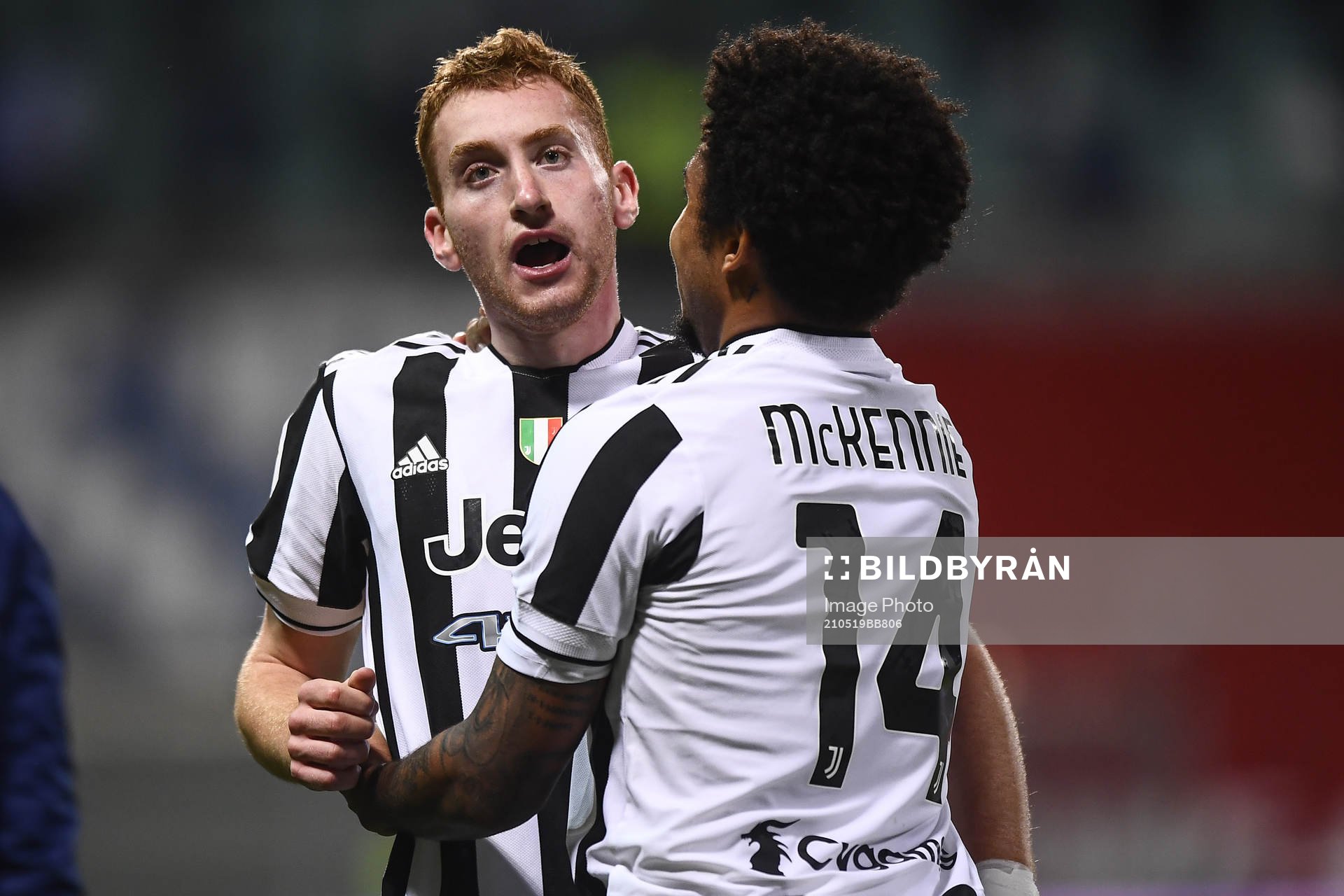 Dejan Kulusevski of Juventus celebrates scoring during the Coppa Italia final football match between Atalanta and Juventus on May 19, 2021 in Bergamo.