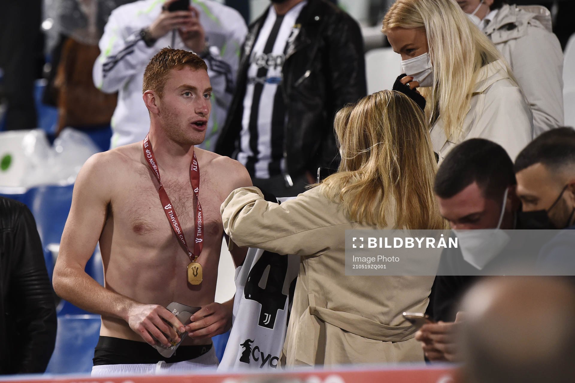 Dejan Kulusevski of Juventus celebrate winning the Coppa Italia final football match between Atalanta and Juventus on May 19, 2021 in Bergamo.