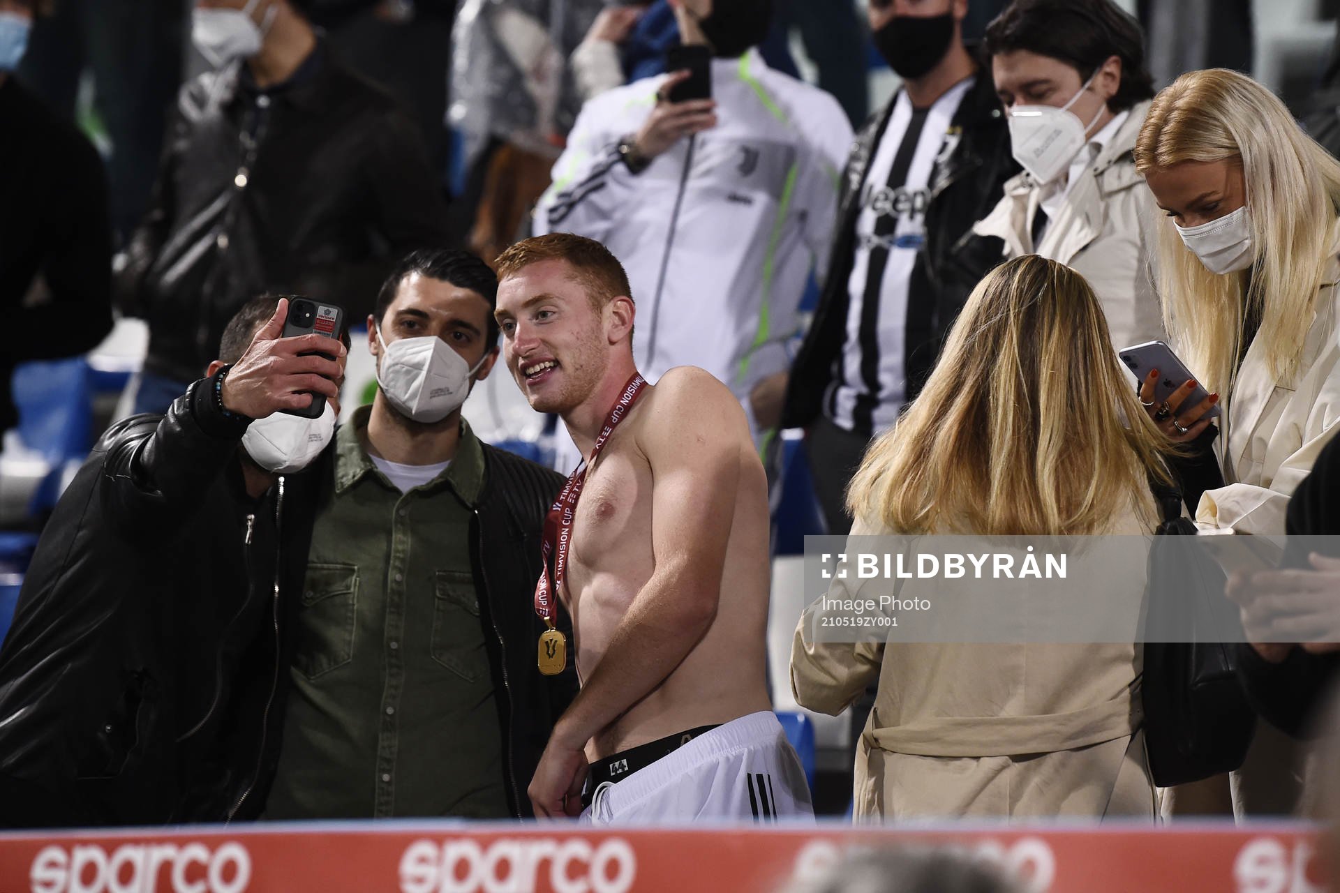 Dejan Kulusevski of Juventus celebrate winning the Coppa Italia final football match between Atalanta and Juventus on May 19, 2021 in Bergamo.