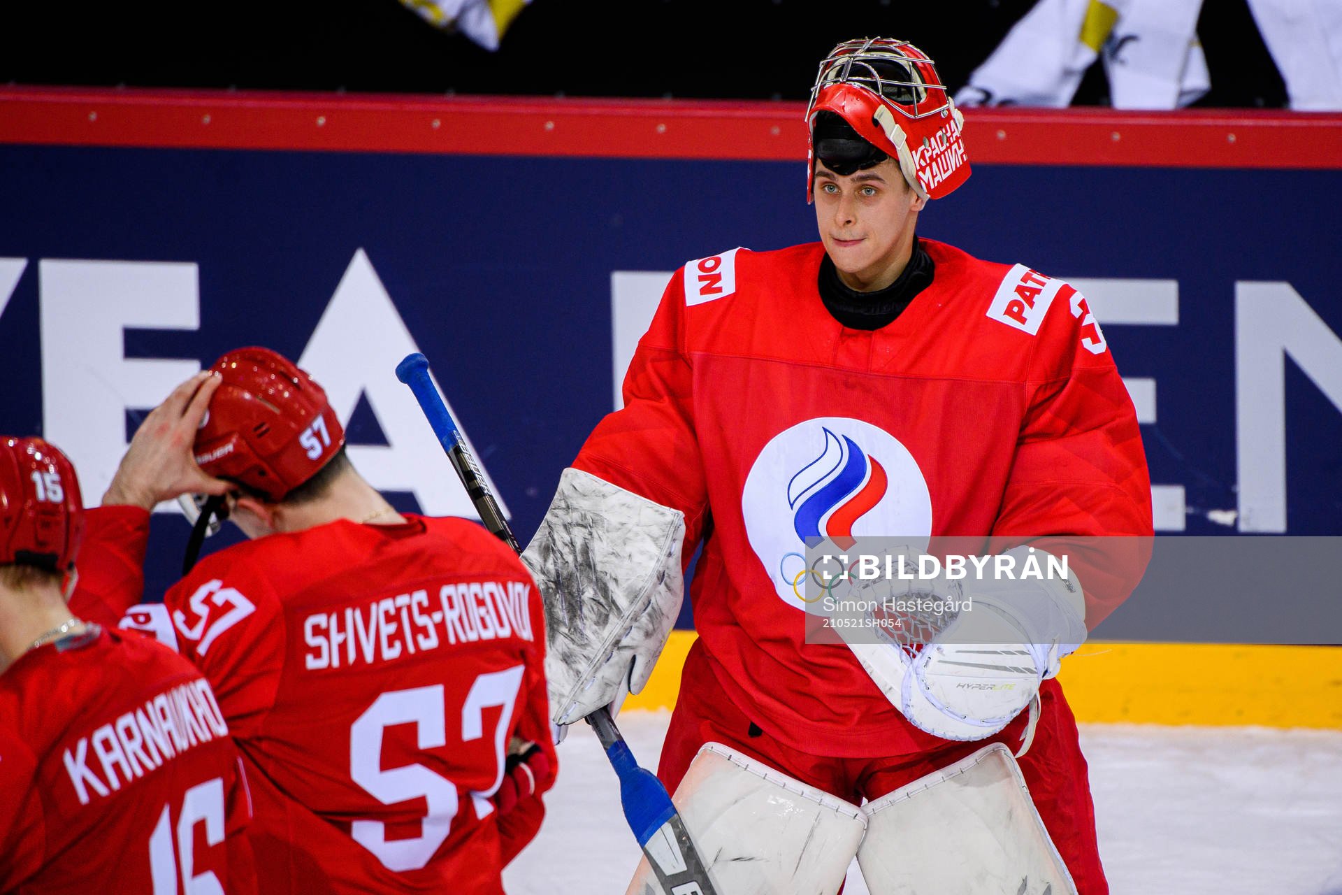 Goalkeeper Alexander Samonov of Russia