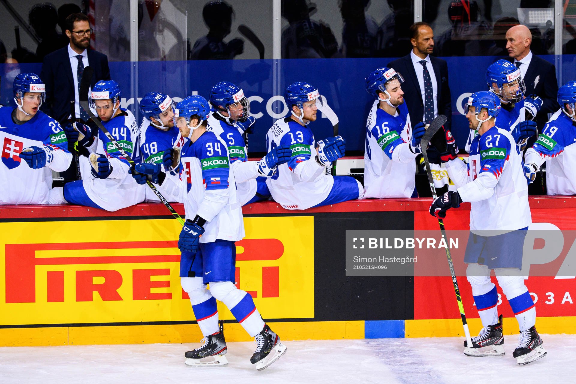Marek Hrivik and Peter Cehlarik of Slovakia celebrate the