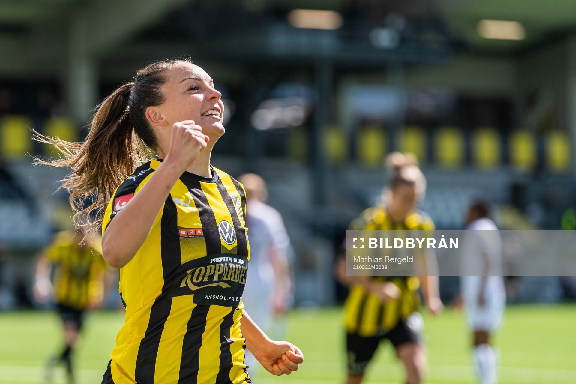 Häckens Johanna Rytting Kaneryd jublar efter att hon gjort 2-0 under fotbollsmatchen i Damallsvenskan mellan Häcken och Eskilstuna United den 22 maj 2021 i Göteborg.