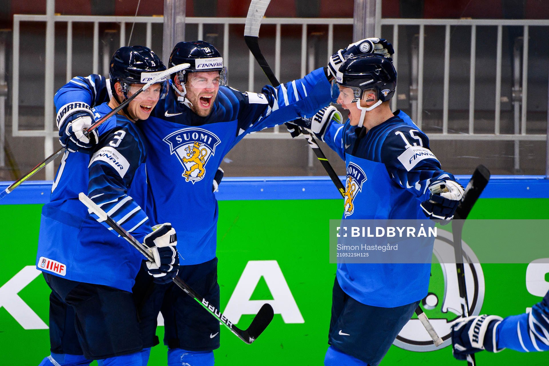 Olli Maatta, Iiro Pakarinen and Anton Lundell of Finland