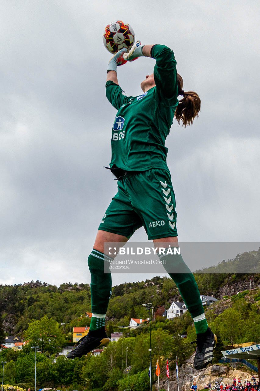 Goalkeeper Siri Ervik of Kolbotn with a save during the Toppserien football match between Sandviken and Kolbotn on May 22, 2021 in Bergen. 
