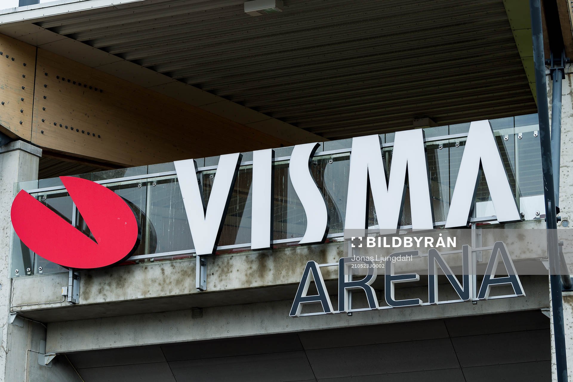 Skylt på Visma Arena före fotbollsmatchen i Superettan mellan Öster och Brage den 23 maj 2021 i Växjö. 