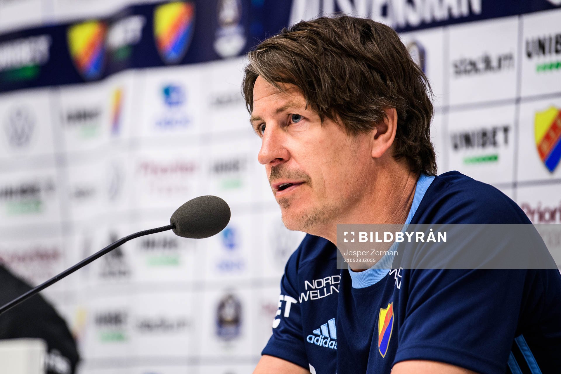 Djurgårdens tränare Thomas Lagerlöf på presskonferensen efter fotbollsmatchen i Allsvenskan mellan Djurgården och IFK Göteborg den 23 maj 2021 i Stockholm. 