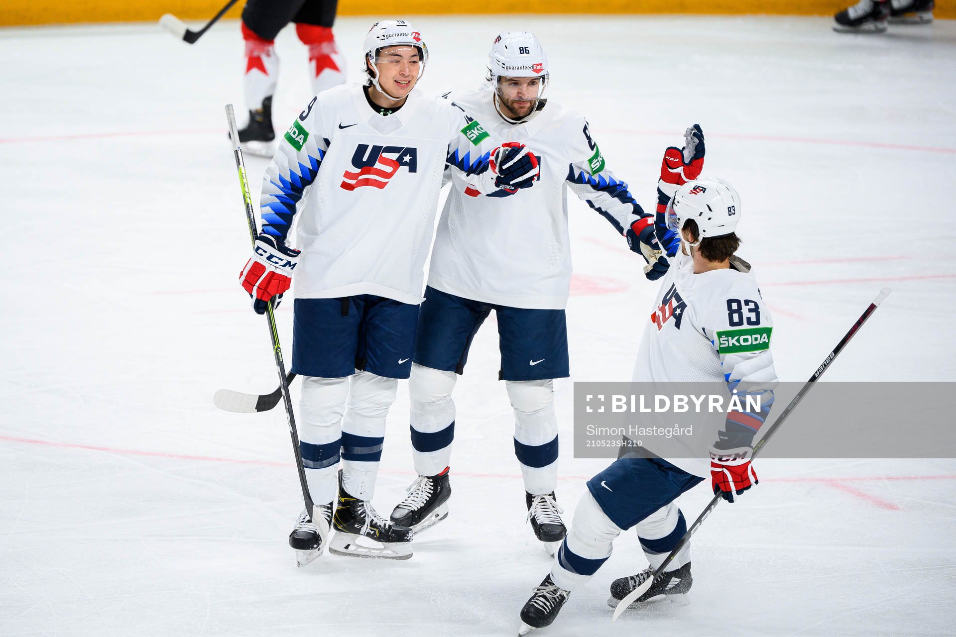 Jason Robertson, Christian Wolanin and Conor Garland of USA