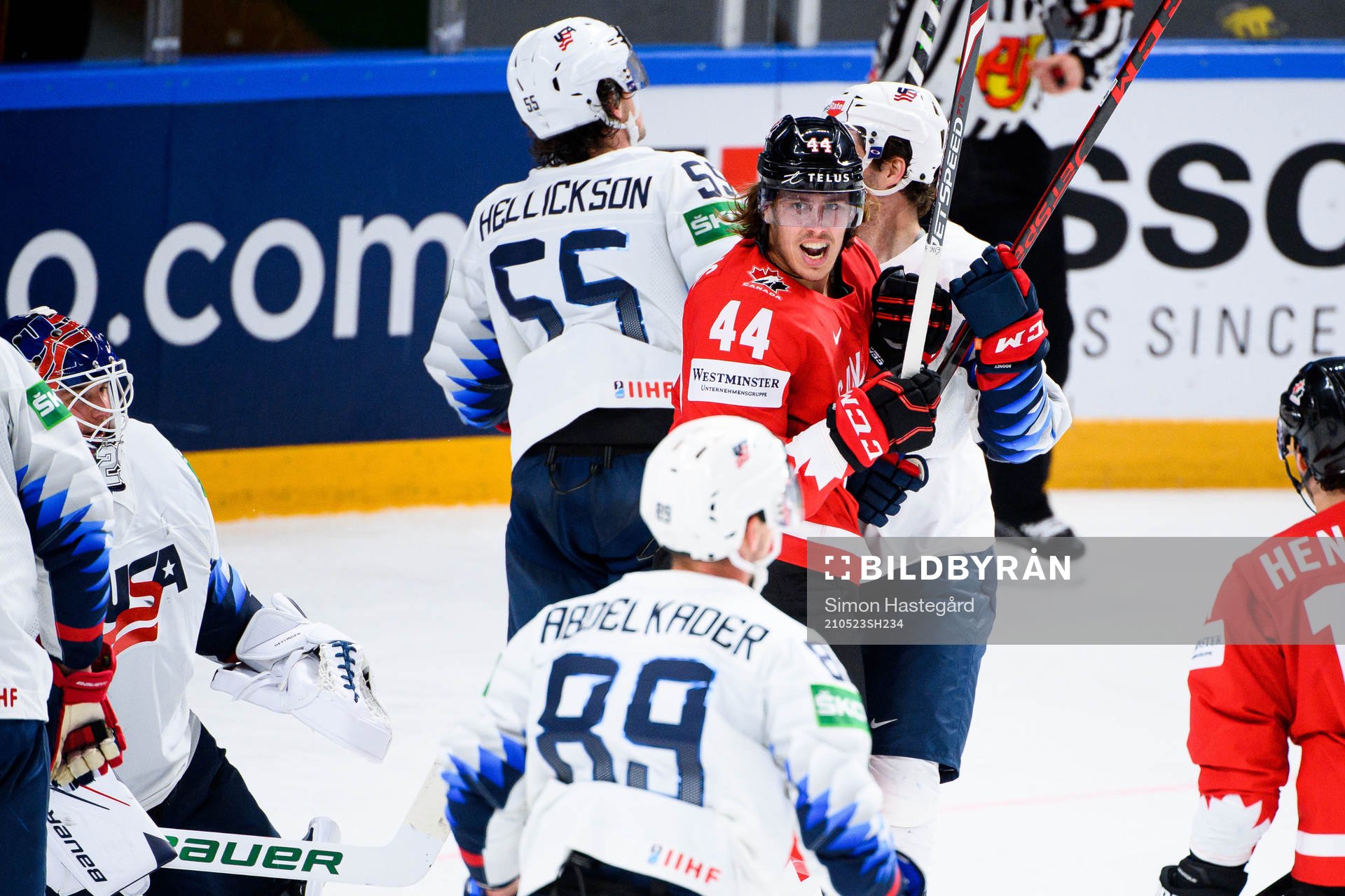 Maxime Comtois of Canada celebrates the 1-4 goal