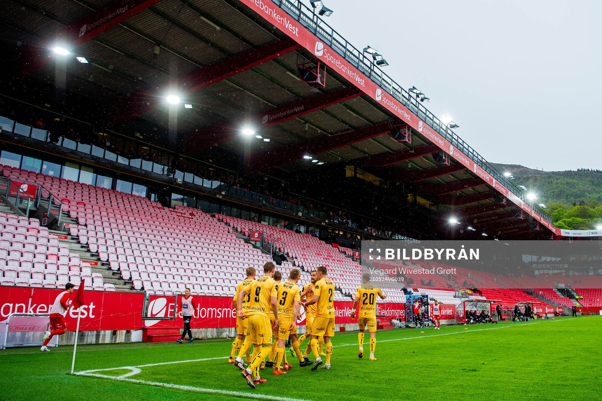 Patrick Berg and the players of Bodø/Glimt celebrate after 0-1 during the Eliteserien football match between Brann and Bodø/Glimt on May 24, 2021 at Brann Stadion in Bergen.