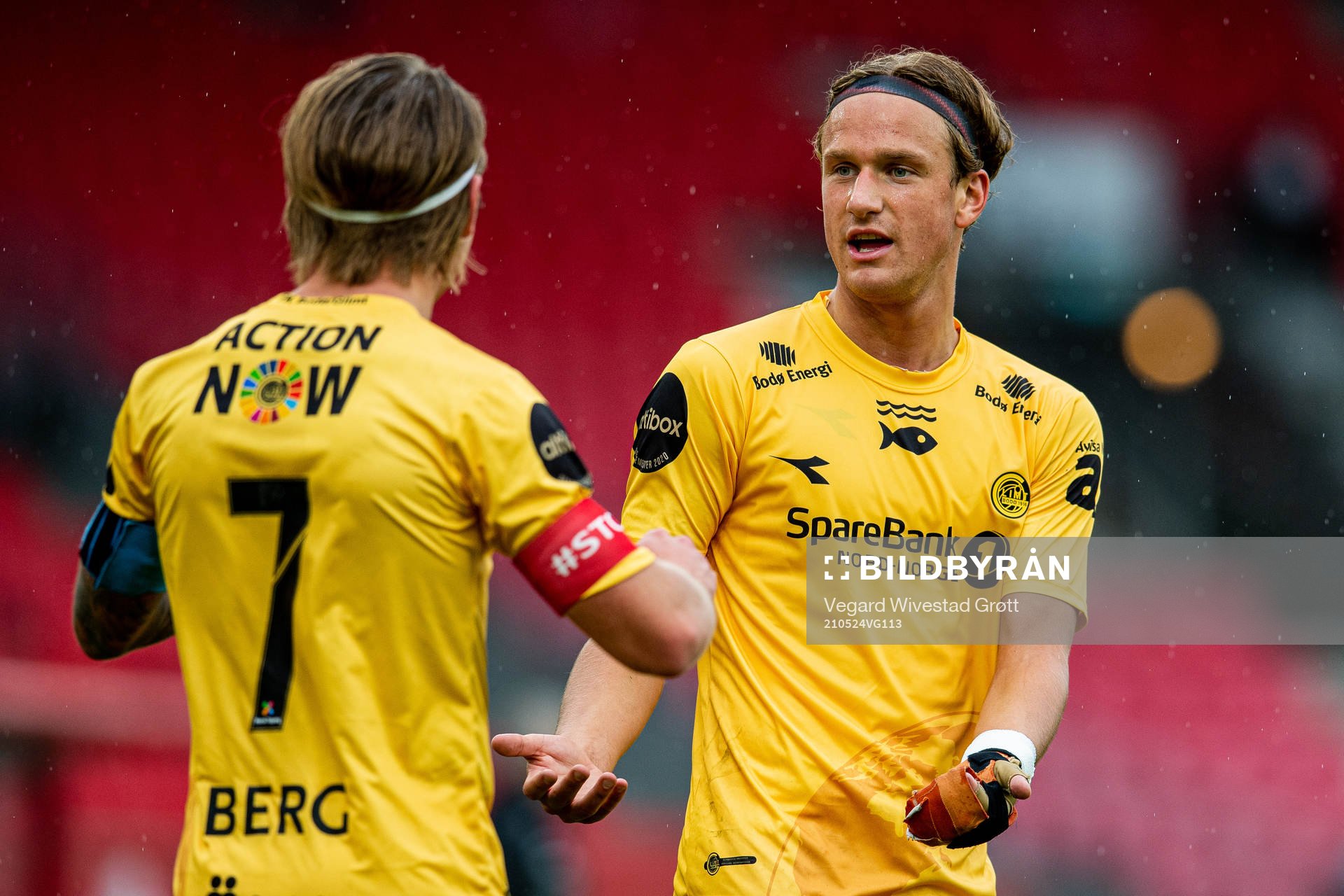 Patrick Berg of Bodø/Glimt celebrates with teammate Erik Botheim after scoring the 0-1 goal during the Eliteserien football match between Brann and Bodø/Glimt on May 24, 2021 in Bergen. 