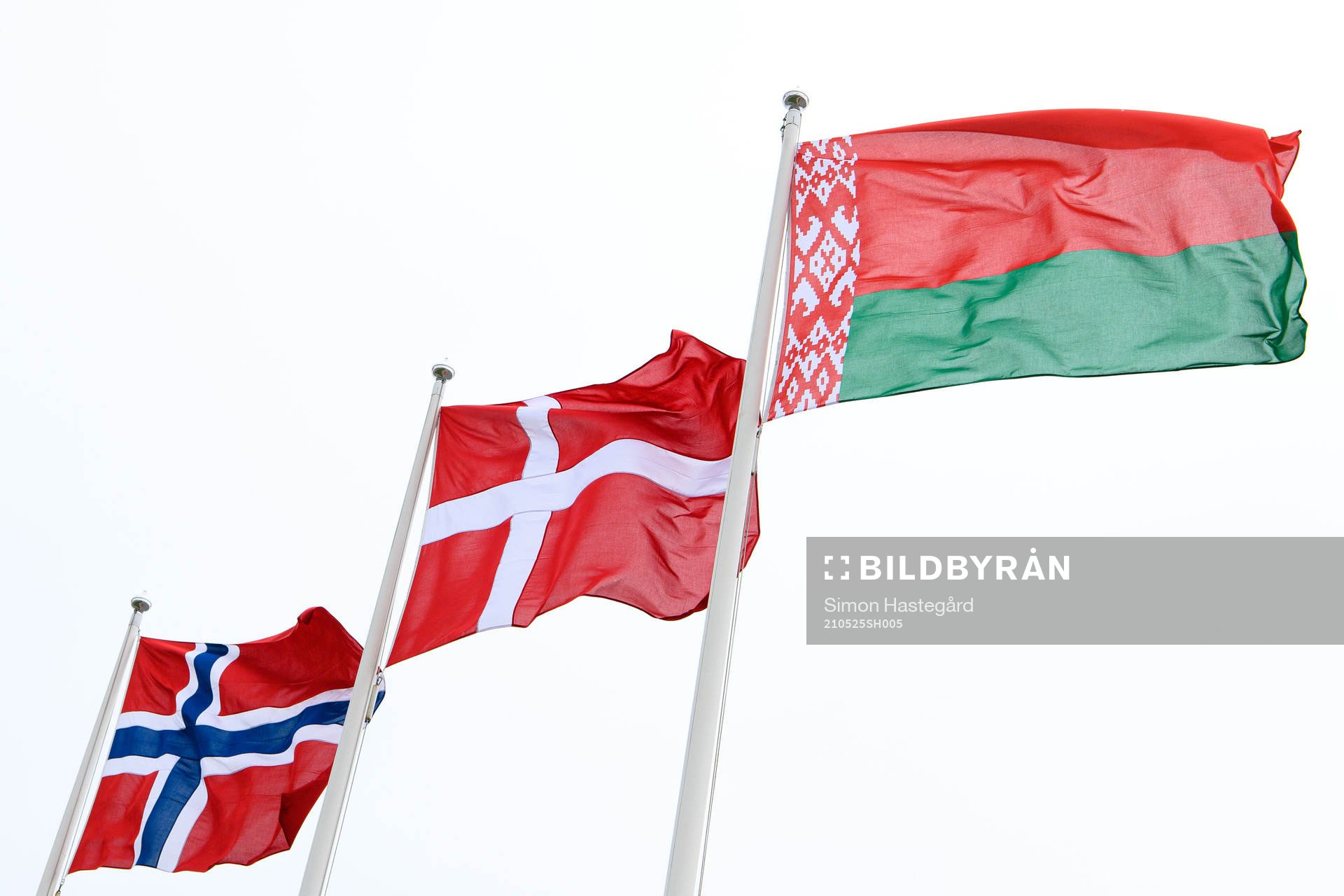 The Flags of Norway, Denmark and Belarus outside Arena Riga