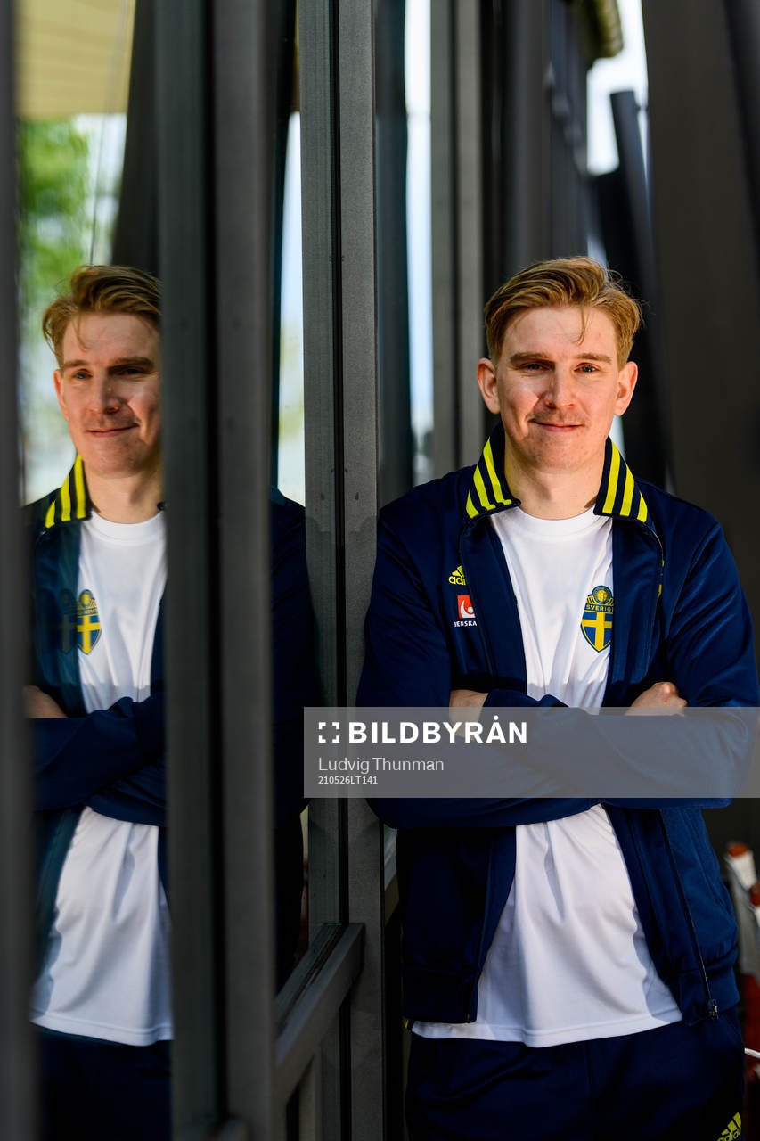 Social media manager Andreas Hård of the Swedish national football team poses for a portrait during a press meeting on May 26, 2021 in Båstad.