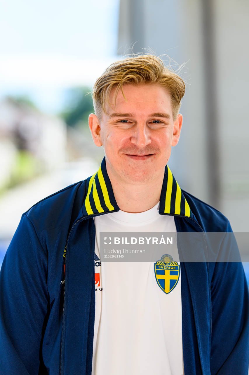 Social media manager Andreas Hård of the Swedish national football team poses for a portrait during a press meeting on May 26, 2021 in Båstad.