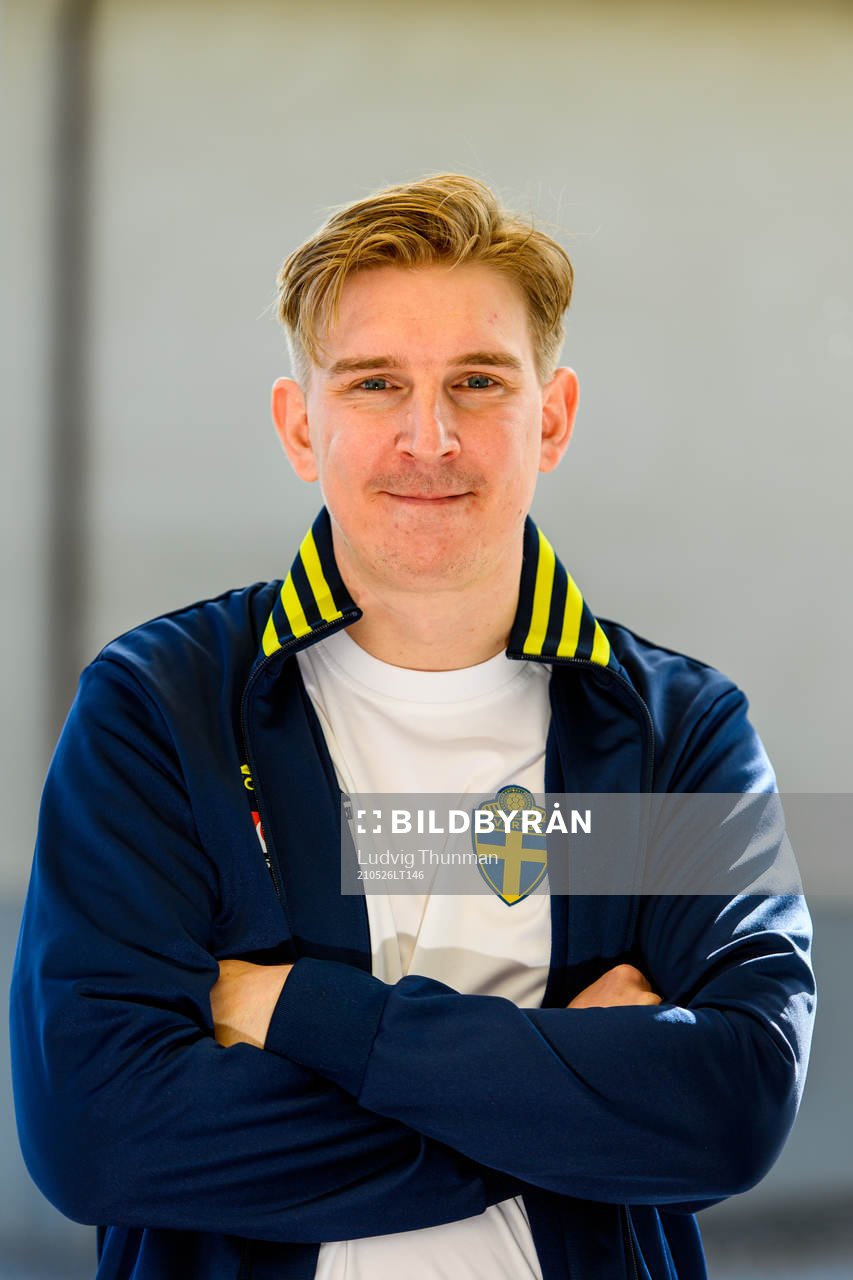 Social media manager Andreas Hård of the Swedish national football team poses for a portrait during a press meeting on May 26, 2021 in Båstad.
