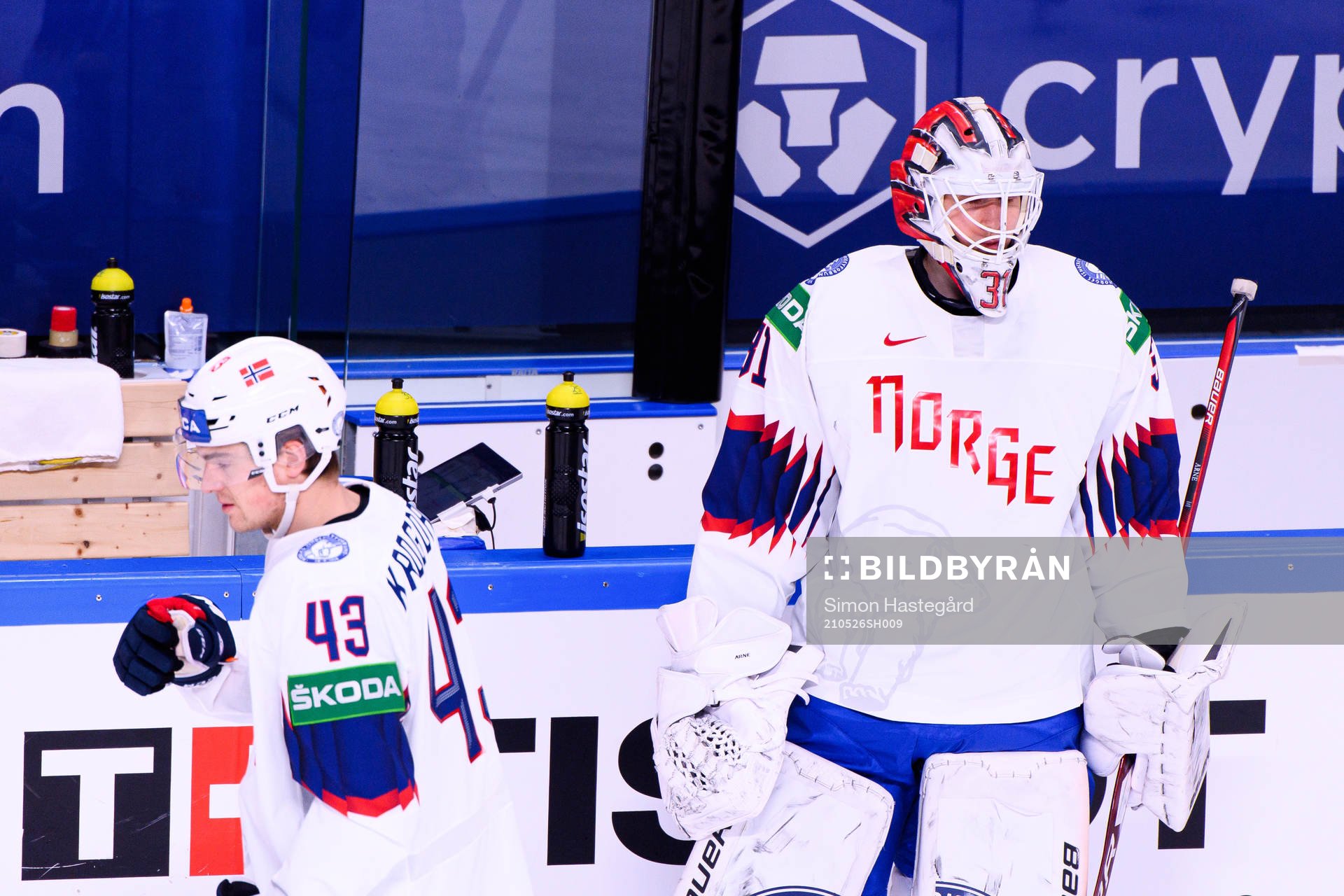 Max Krogdahl and goalkeeper Jonas Arntzen of Norway