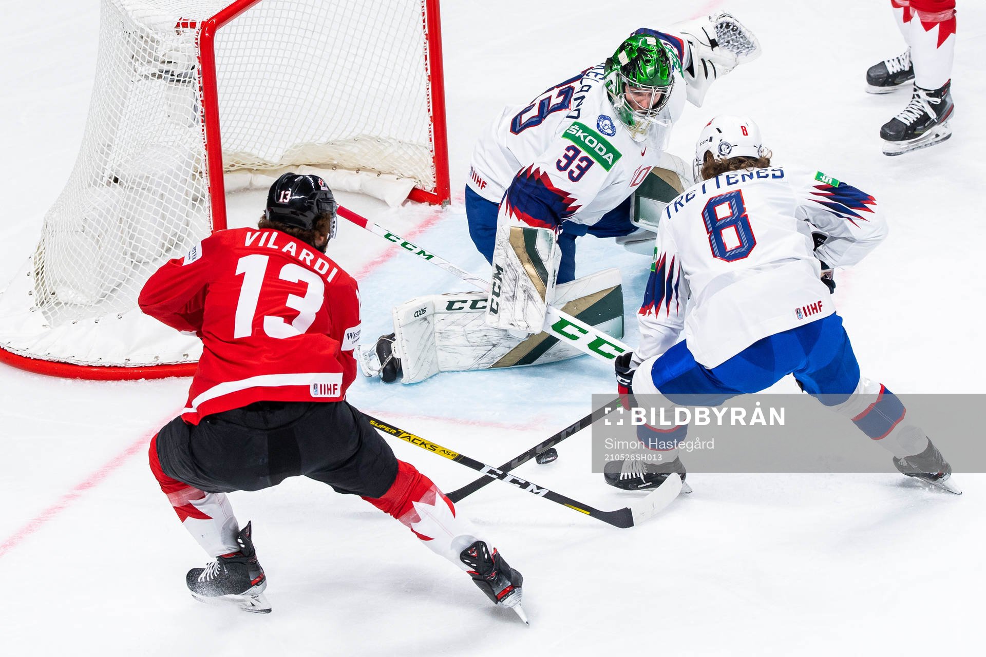 Gabriel Vilardi of Canada against goalkeeper Henrik