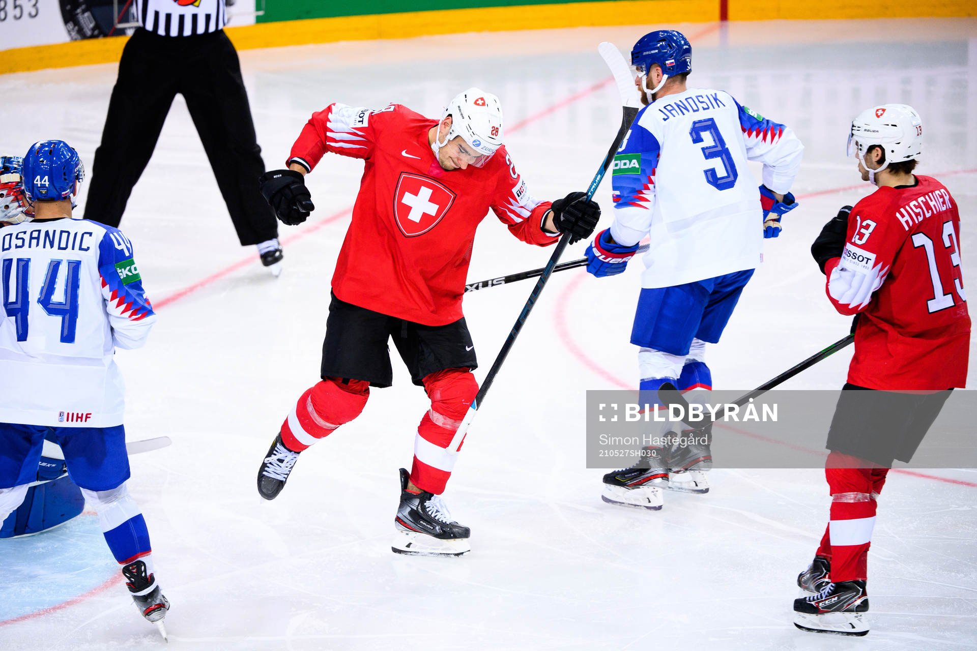 Timo Meier of Switzerland celebartes the 5-0 goal