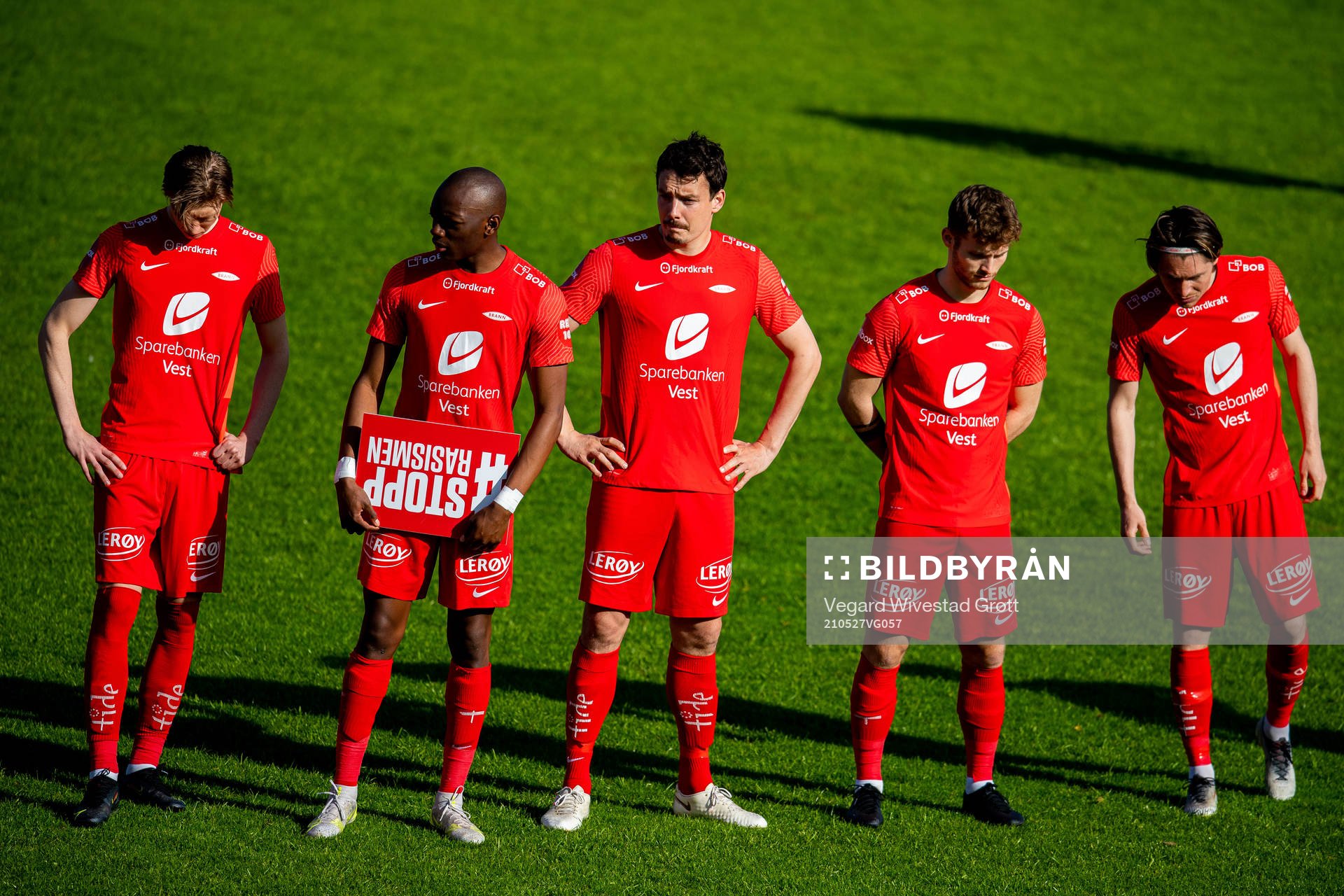 Ole Martin Kolskogen, Moonga Aluta Simba, Vegard Forren, Ole Didrik Blomberg and Kasper Skaanes of Brann ahead of the Eliteserien football match between Stabæk and Brann on May 27, 2021 in Bekkestua.