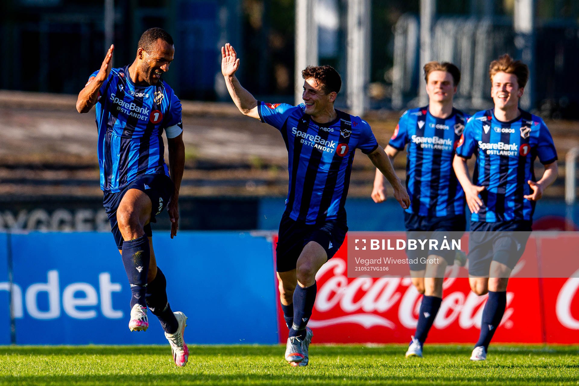 Yaw Ihle Amankwah of Stabæk celebrates with teammate Herolind Shala after scoring the 2-0 goal during the Eliteserien football match between Stabæk and Brann on May 27, 2021 in Bekkestua.