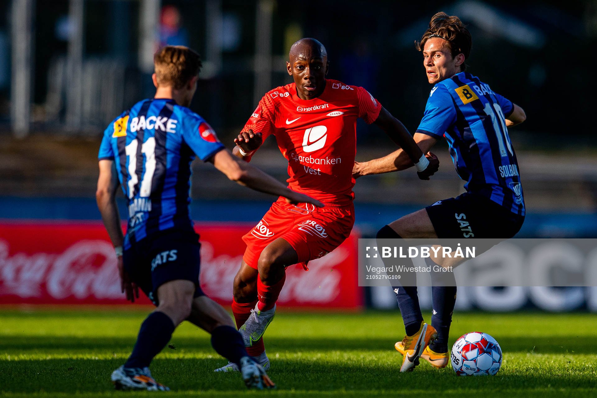 Moonga Aluta Simba of Brann and Markus Solbakken of Stabæk during the Eliteserien football match between Stabæk and Brann on May 27, 2021 in Bekkestua.