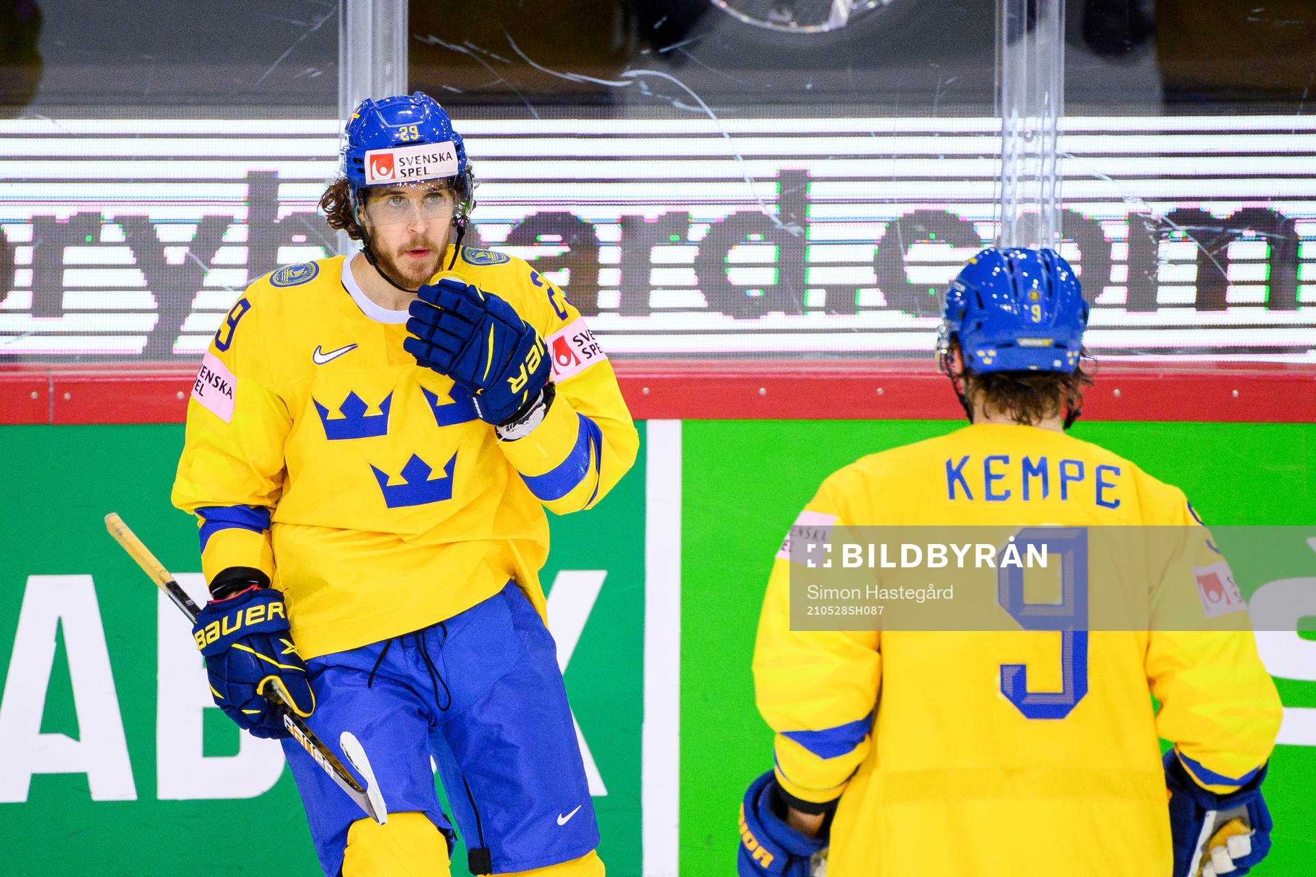 Mario Kempe and Adrian Kempe of Sweden celebrate the 3-2