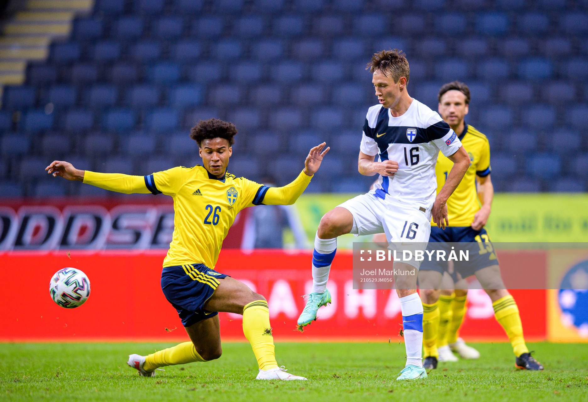 Jens-Lys Cajuste of Sweden and Lassi Lappalainen of Finland during the international friendly football match between Sweden and Finland on May 29, 2021 in Stockholm.