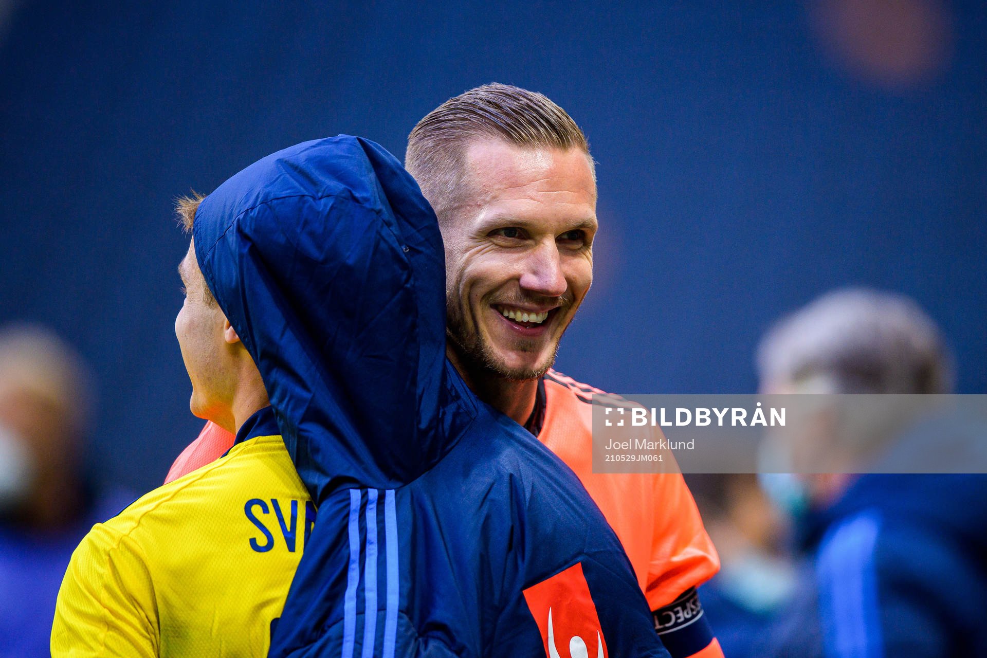 Mattias Svanberg and goalkeeper Robin Olsen of Sweden celebrate after the international friendly football match between Sweden and Finland on May 29, 2021 in Stockholm.