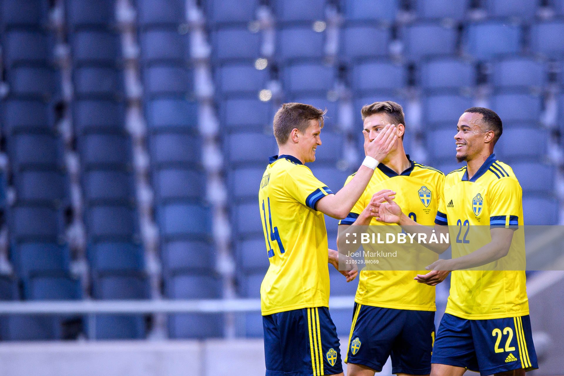 Joakim Nilsson , Mattias Svanberg and Robin Quaison of Sweden celebrate the 1-0 goal during the international friendly football match between Sweden and Finland on May 29, 2021 in Stockholm.