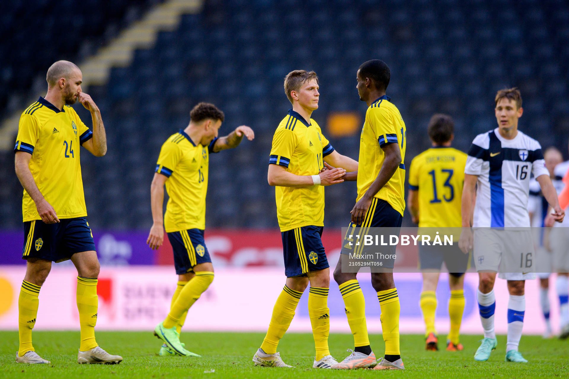 Joakim Nilsson and Alexander Isak of Sweden celebrate after the international friendly football match between Sweden and Finland on May 29, 2021 in Stockholm.