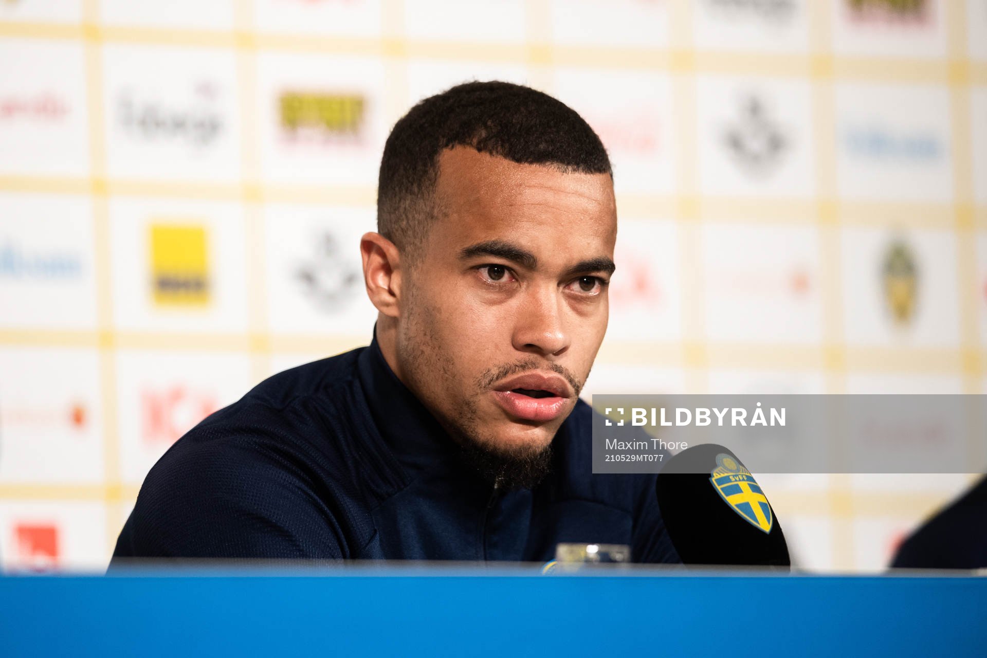 Robin Quaison of Sweden during a press conference after the international friendly football match between Sweden and Finland on May 29, 2021 in Stockholm.
